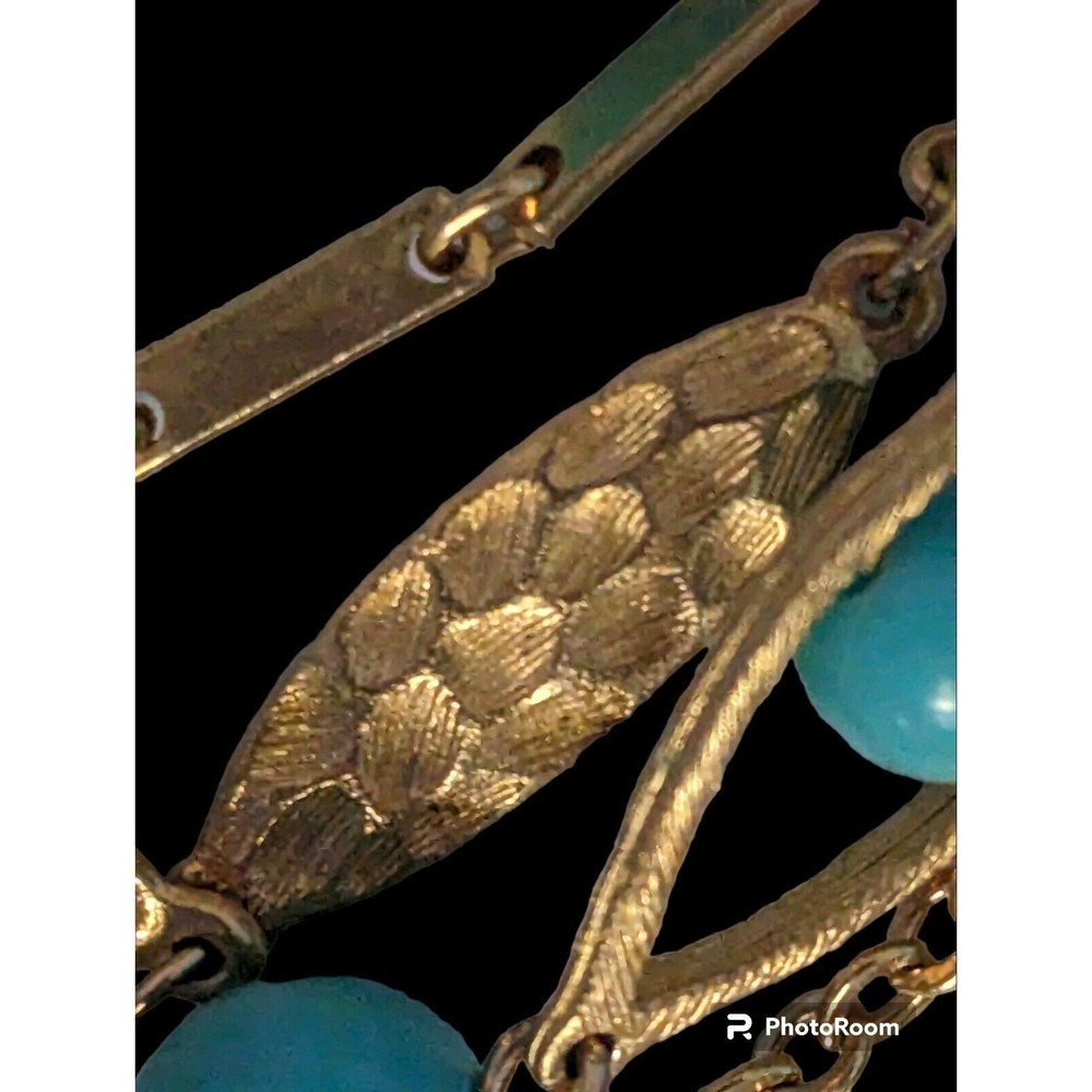 Vintage Pakula Faux Turquoise Beaded 14" Multi Chain Necklace Gold Tone 1960's - Picture 5 of 8